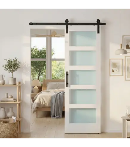 Puerta Corredera 71x213 cm con Kit de Montaje Puerta de Granero con Paneles de Vidrio y MDF Guía de PisoBlanco