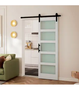 Puerta Corredera 71x213 cm con Kit de Montaje Puerta de Granero con Paneles de Vidrio y MDF Guía de PisoBlanco