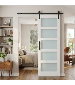 Puerta Corredera 71x213 cm con Kit de Montaje Puerta de Granero con Paneles de Vidrio y MDF Guía de PisoBlanco