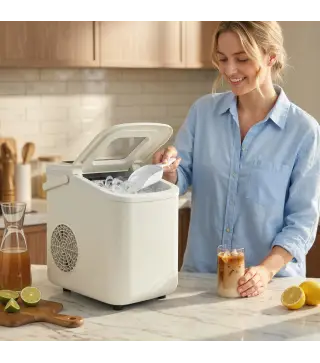 Máquina de Hielo Autolimpiable 12 kg/24H 9 Cubitos Listos en 7 Minutos 2 Tamaños de Hielo 1,2L Depósito Beige