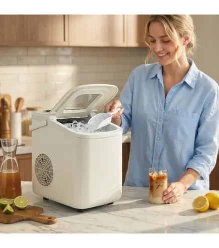 Máquina de Hielo Autolimpiable 12 kg/24H 9 Cubitos Listos en 7 Minutos 2 Tamaños de Hielo 1,2L Depósito Beige