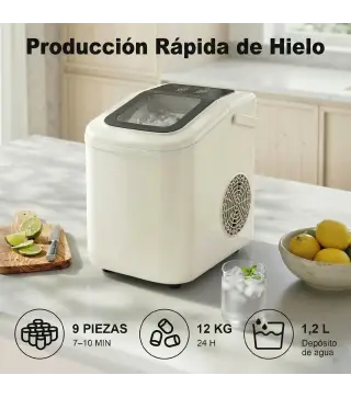 Máquina de Hielo Autolimpiable 12 kg/24H 9 Cubitos Listos en 7 Minutos 2 Tamaños de Hielo 1,2L Depósito Beige