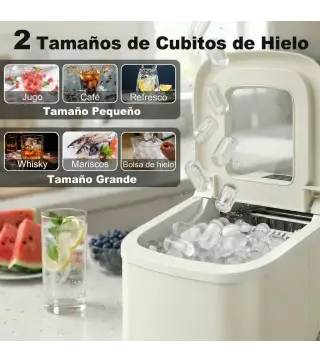 Máquina de Hielo Autolimpiable 12 kg/24H 9 Cubitos Listos en 7 Minutos 2 Tamaños de Hielo 1,2L Depósito Beige