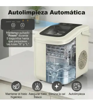 Máquina de Hielo Autolimpiable 12 kg/24H 9 Cubitos Listos en 7 Minutos 2 Tamaños de Hielo 1,2L Depósito Beige