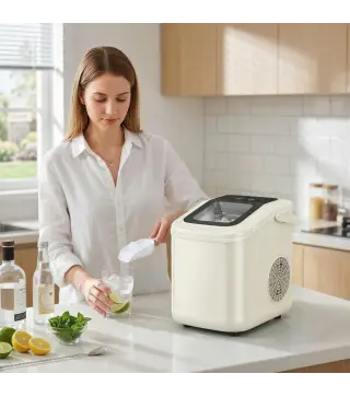 Máquina de Hielo Autolimpiable 12 kg/24H 9 Cubitos Listos en 7 Minutos 2 Tamaños de Hielo 1,2L Depósito Beige