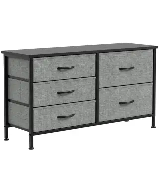 Cómoda con 5 Cajones de Tela Cómoda para Dormitorio Marco de Acero Cajonera para Salón Oficina Gris Oscuro y Negro