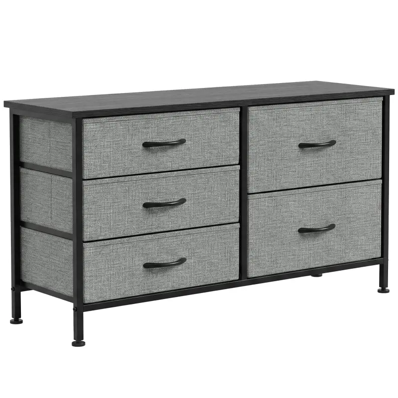 Cómoda con 5 Cajones de Tela Cómoda para Dormitorio Marco de Acero Cajonera para Salón Oficina Gris Oscuro y Negro