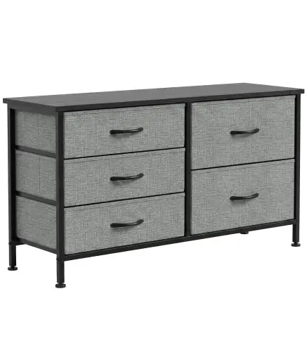 Cómoda con 5 Cajones de Tela Cómoda para Dormitorio Marco de Acero Cajonera para Salón Oficina Gris Oscuro y Negro