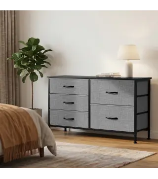 Cómoda con 5 Cajones de Tela Cómoda para Dormitorio Marco de Acero Cajonera para Salón Oficina Gris Oscuro y Negro