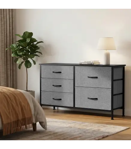 Cómoda con 5 Cajones de Tela Cómoda para Dormitorio Marco de Acero Cajonera para Salón Oficina Gris Oscuro y Negro