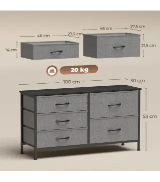 Cómoda con 5 Cajones de Tela Cómoda para Dormitorio Marco de Acero Cajonera para Salón Oficina Gris Oscuro y Negro
