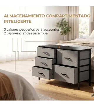 Cómoda con 5 Cajones de Tela Cómoda para Dormitorio Marco de Acero Cajonera para Salón Oficina Gris Oscuro y Negro