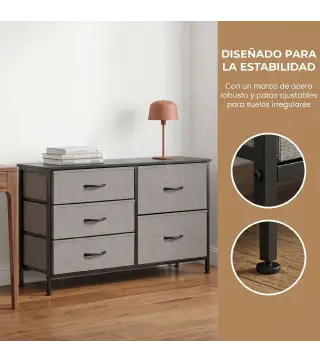 Cómoda con 5 Cajones de Tela Cómoda para Dormitorio Marco de Acero Cajonera para Salón Oficina Gris Oscuro y Negro