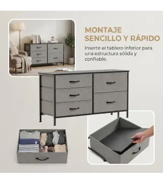 Cómoda con 5 Cajones de Tela Cómoda para Dormitorio Marco de Acero Cajonera para Salón Oficina Gris Oscuro y Negro