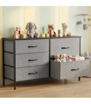 Cómoda con 5 Cajones de Tela Cómoda para Dormitorio Marco de Acero Cajonera para Salón Oficina Gris Oscuro y Negro