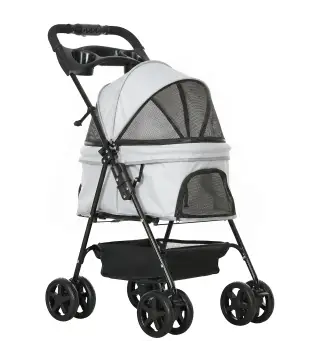Carrito para Perros Pequeños con 4 Ruedas Freno Cesta Capota Correas de Seguridad y Ventanas 67x45x96 cm Gris Claro