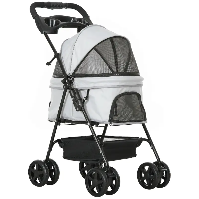 Carrito para Perros Pequeños con 4 Ruedas Freno Cesta Capota Correas de Seguridad y Ventanas 67x45x96 cm Gris Claro