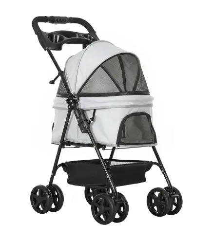 Carrito para Perros Pequeños con 4 Ruedas Freno Cesta Capota Correas de Seguridad y Ventanas 67x45x96 cm Gris Claro