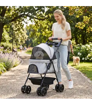 Carrito para Perros Pequeños con 4 Ruedas Freno Cesta Capota Correas de Seguridad y Ventanas 67x45x96 cm Gris Claro