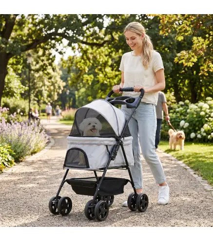 Carrito para Perros Pequeños con 4 Ruedas Freno Cesta Capota Correas de Seguridad y Ventanas 67x45x96 cm Gris Claro