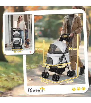 Carrito para Perros Pequeños con 4 Ruedas Freno Cesta Capota Correas de Seguridad y Ventanas 67x45x96 cm Gris Claro