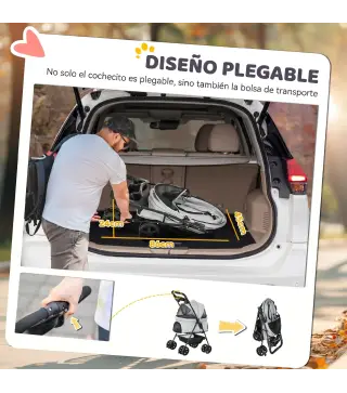 Carrito para Perros Pequeños con 4 Ruedas Freno Cesta Capota Correas de Seguridad y Ventanas 67x45x96 cm Gris Claro