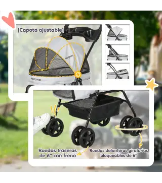 Carrito para Perros Pequeños con 4 Ruedas Freno Cesta Capota Correas de Seguridad y Ventanas 67x45x96 cm Gris Claro