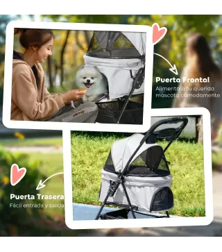 Carrito para Perros Pequeños con 4 Ruedas Freno Cesta Capota Correas de Seguridad y Ventanas 67x45x96 cm Gris Claro