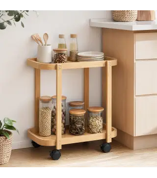 Carrito de Cocina de Bambú de 2 Niveles Carrito Auxiliar para Cocina con Ruedas 2 Estantes 54x36,5x60 cm Natural