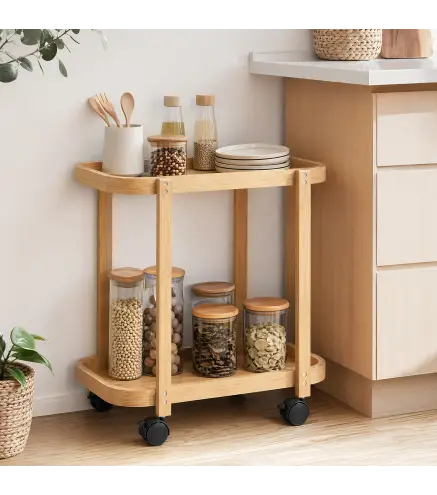 Carrito de Cocina de Bambú de 2 Niveles Carrito Auxiliar para Cocina con Ruedas 2 Estantes 54x36,5x60 cm Natural