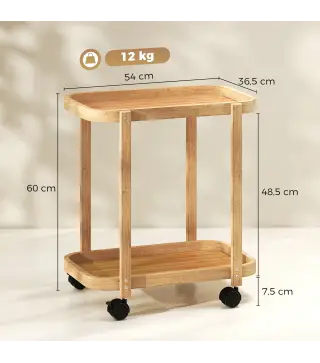 Carrito de Cocina de Bambú de 2 Niveles Carrito Auxiliar para Cocina con Ruedas 2 Estantes 54x36,5x60 cm Natural