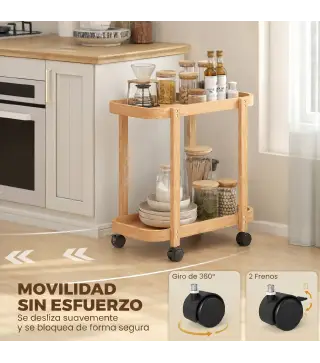 Carrito de Cocina de Bambú de 2 Niveles Carrito Auxiliar para Cocina con Ruedas 2 Estantes 54x36,5x60 cm Natural