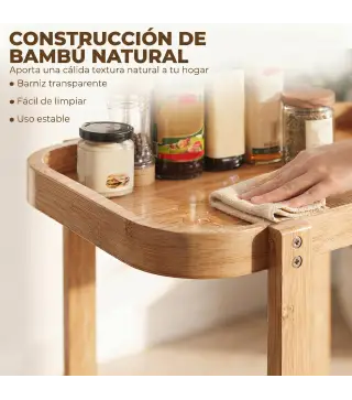 Carrito de Cocina de Bambú de 2 Niveles Carrito Auxiliar para Cocina con Ruedas 2 Estantes 54x36,5x60 cm Natural
