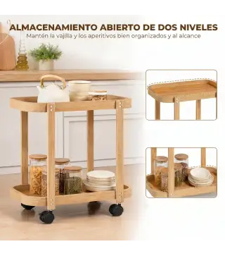 Carrito de Cocina de Bambú de 2 Niveles Carrito Auxiliar para Cocina con Ruedas 2 Estantes 54x36,5x60 cm Natural