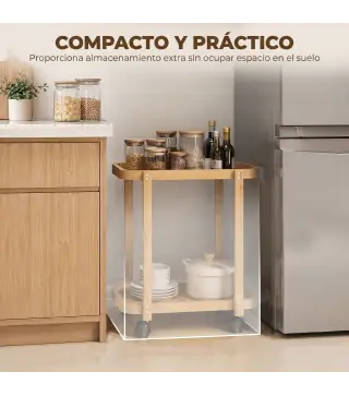 Carrito de Cocina de Bambú de 2 Niveles Carrito Auxiliar para Cocina con Ruedas 2 Estantes 54x36,5x60 cm Natural