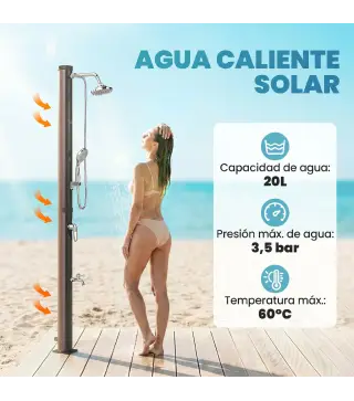 Ducha Solar Jardín 20L con Cabezal Ducha de Mano Grifo para Pies y Temperatura Ajustable Máx. 60 °C para Piscina Negro