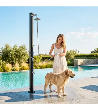 Ducha Solar Jardín 20L con Cabezal Ducha de Mano Grifo para Pies y Temperatura Ajustable Máx. 60 °C para Piscina Negro