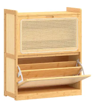 Zapatero Estrecho de Bambú con 2 Cajones Abatibles de Ratán para 12-14 Pares de Zapatos 69x29x83 cm Natural