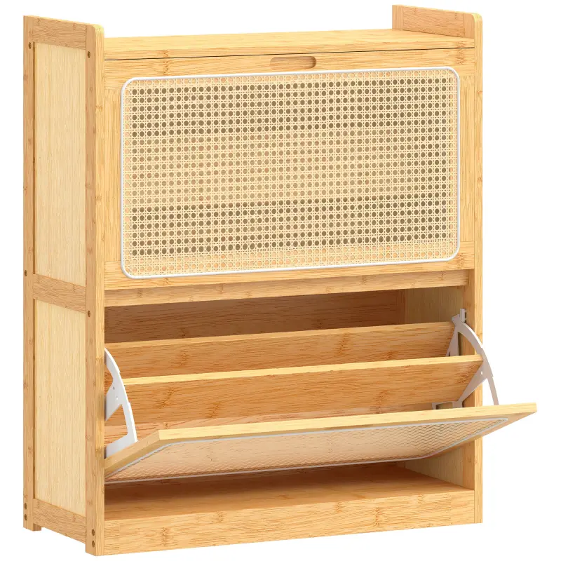 Zapatero Estrecho de Bambú con 2 Cajones Abatibles de Ratán para 12-14 Pares de Zapatos 69x29x83 cm Natural