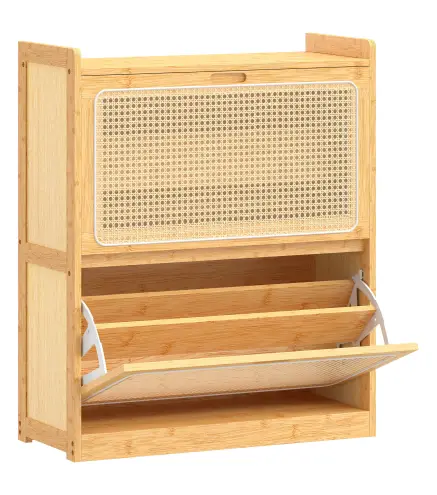 Zapatero Estrecho de Bambú con 2 Cajones Abatibles de Ratán para 12-14 Pares de Zapatos 69x29x83 cm Natural