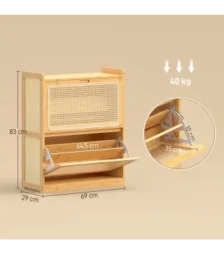 Zapatero Estrecho de Bambú con 2 Cajones Abatibles de Ratán para 12-14 Pares de Zapatos 69x29x83 cm Natural