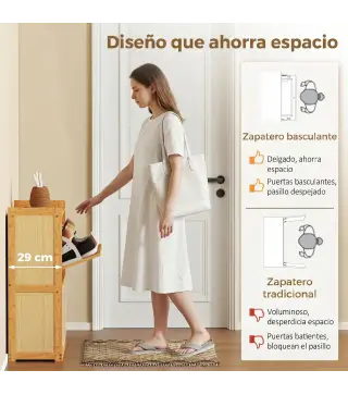 Zapatero Estrecho de Bambú con 2 Cajones Abatibles de Ratán para 12-14 Pares de Zapatos 69x29x83 cm Natural