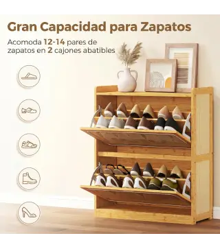 Zapatero Estrecho de Bambú con 2 Cajones Abatibles de Ratán para 12-14 Pares de Zapatos 69x29x83 cm Natural