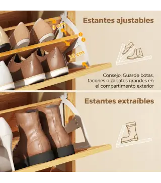 Zapatero Estrecho de Bambú con 2 Cajones Abatibles de Ratán para 12-14 Pares de Zapatos 69x29x83 cm Natural