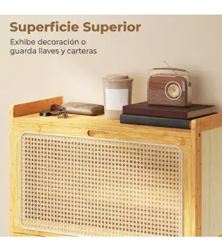 Zapatero Estrecho de Bambú con 2 Cajones Abatibles de Ratán para 12-14 Pares de Zapatos 69x29x83 cm Natural