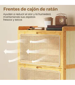 Zapatero Estrecho de Bambú con 2 Cajones Abatibles de Ratán para 12-14 Pares de Zapatos 69x29x83 cm Natural