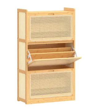 Zapatero Estrecho de Bambú con 3 Cajones Abatibles de Ratán para 18-21 Pares de Zapatos 69x29x119,8 cm Natural