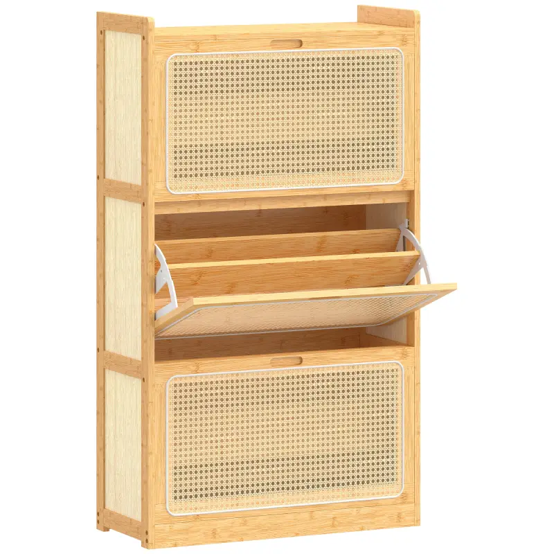 Zapatero Estrecho de Bambú con 3 Cajones Abatibles de Ratán para 18-21 Pares de Zapatos 69x29x119,8 cm Natural