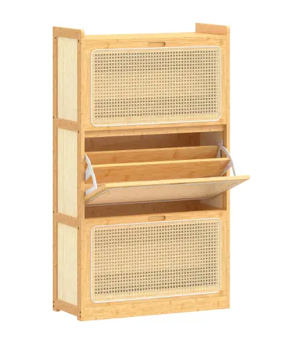 Zapatero Estrecho de Bambú con 3 Cajones Abatibles de Ratán para 18-21 Pares de Zapatos 69x29x119,8 cm Natural
