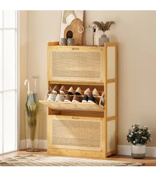 Zapatero Estrecho de Bambú con 3 Cajones Abatibles de Ratán para 18-21 Pares de Zapatos 69x29x119,8 cm Natural